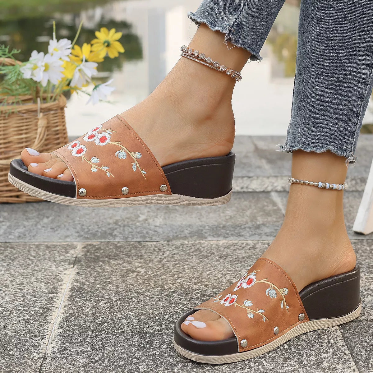 Floral Embroidered Wedge Sandals