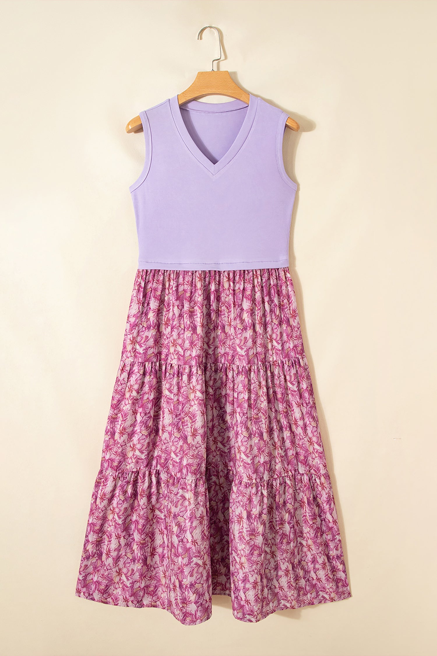 Purple Ribbed V Neck Tank Floral Contrast Patchwork Long Dress
