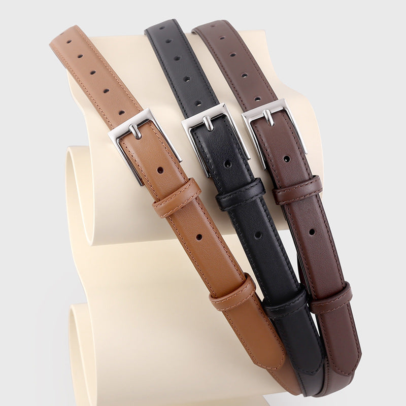 Classic Leather Skinny Belt with Silver Buckle