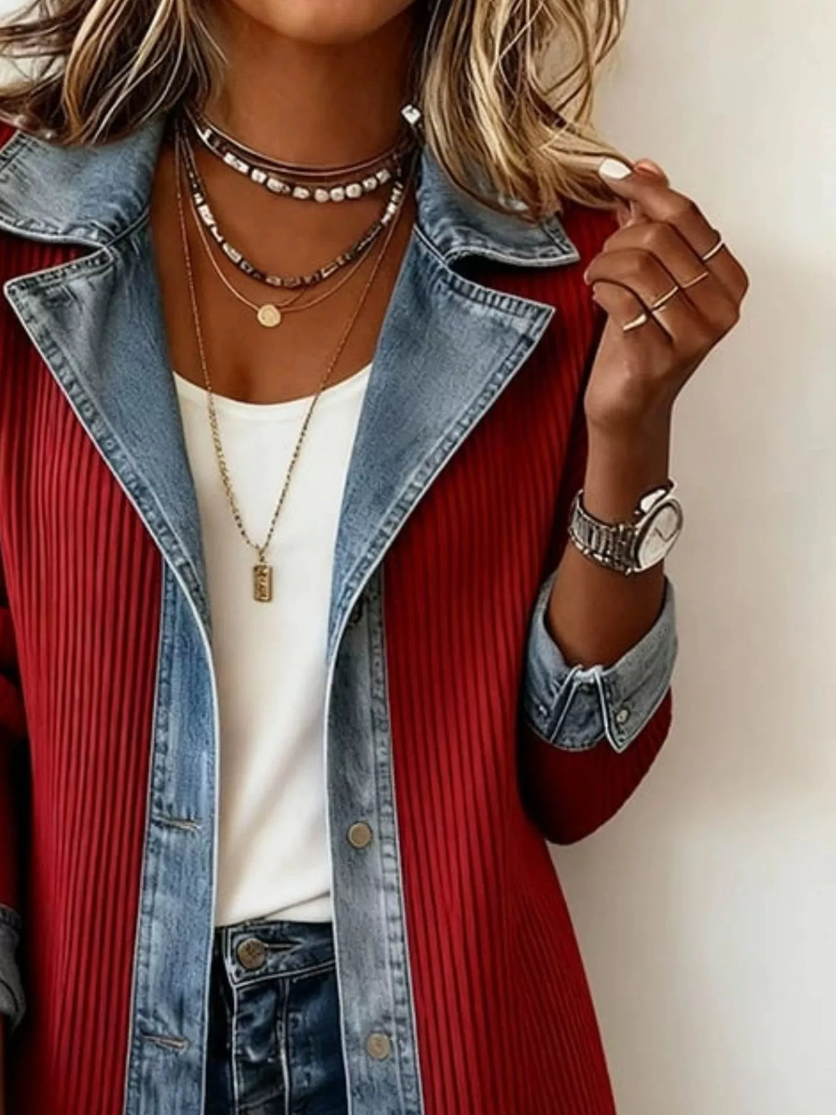 Full Size Denim Trim Ribbed Knit Jacket Plus Size