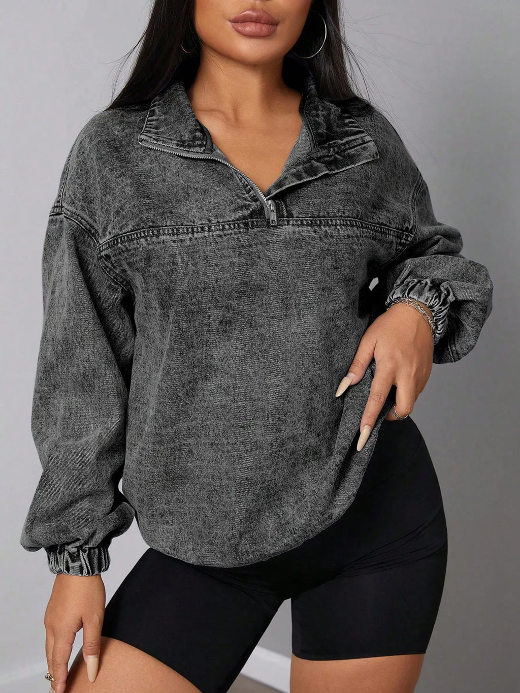 Elastic Hem Quarter Zip Denim Top