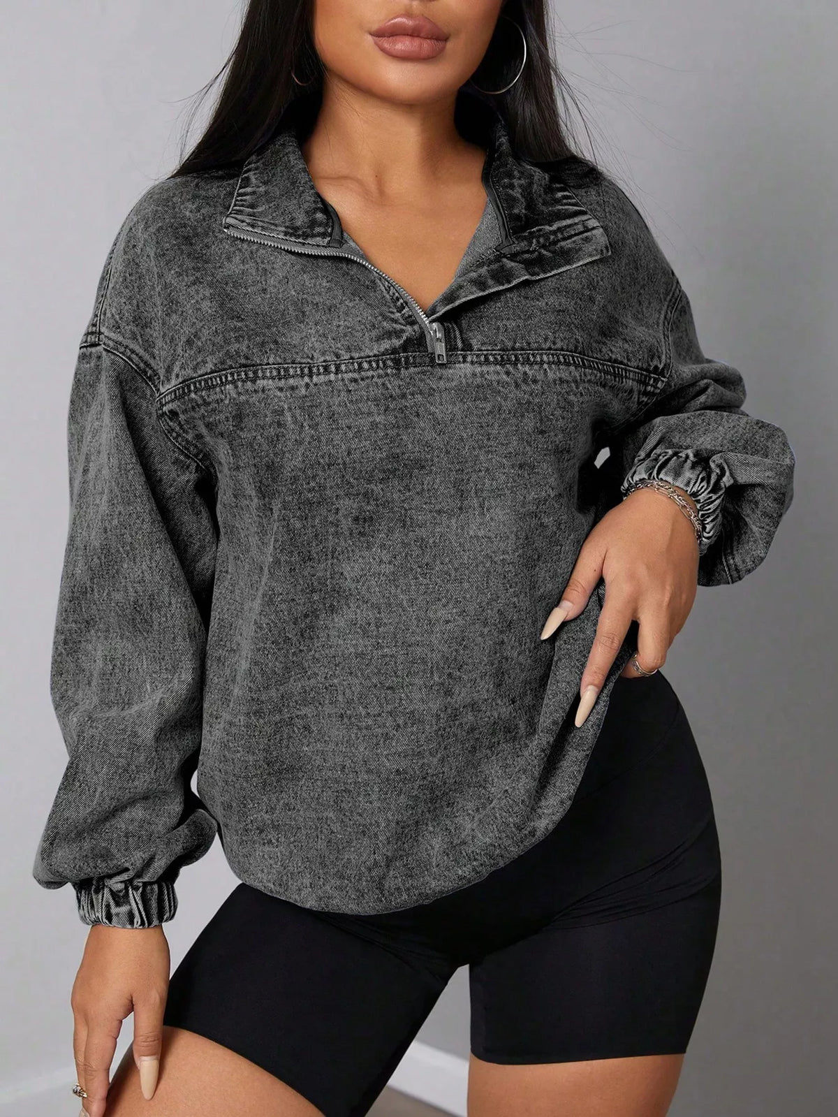 Elastic Hem Quarter Zip Denim Top