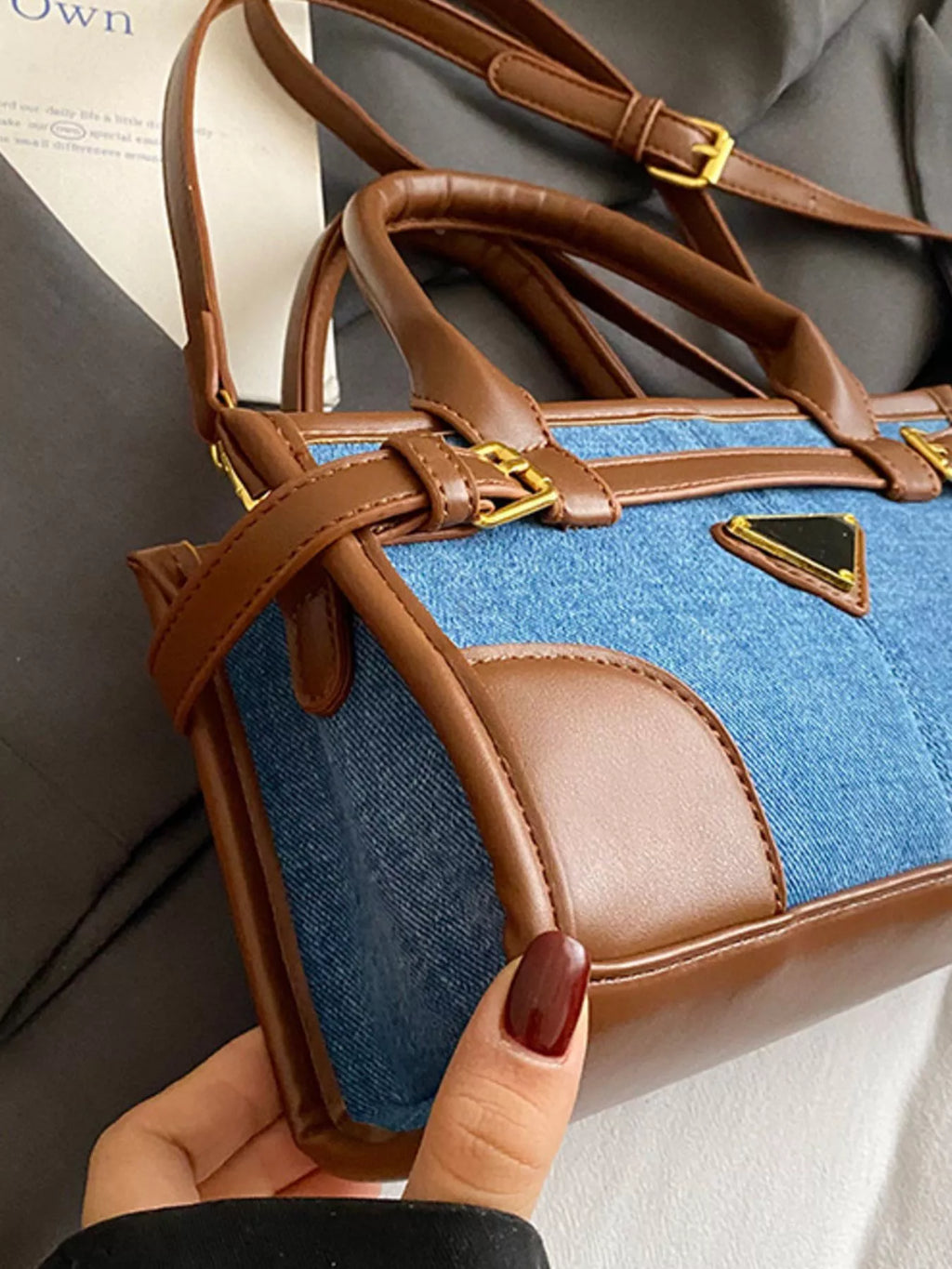 Denim Patchwork Buckle Decor Crossbody Bag