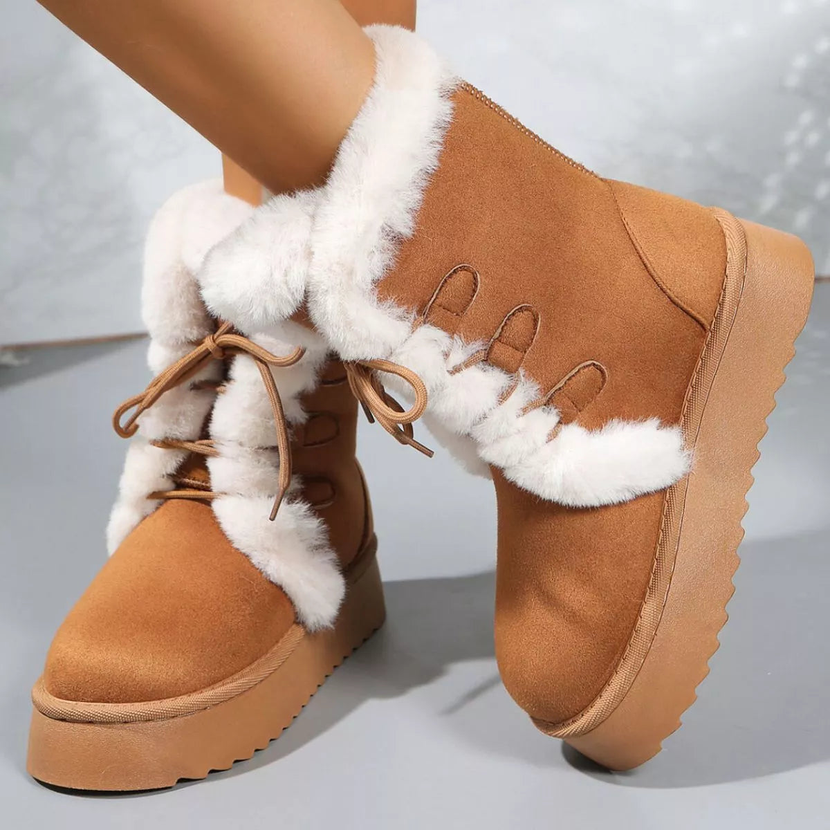 Fuzzy Trim Lace-Up Platform Boots