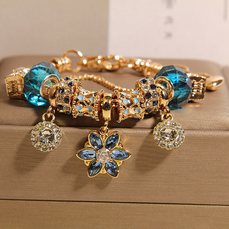 Womens Star And Flower Pendant Blue Crystal Bracelet