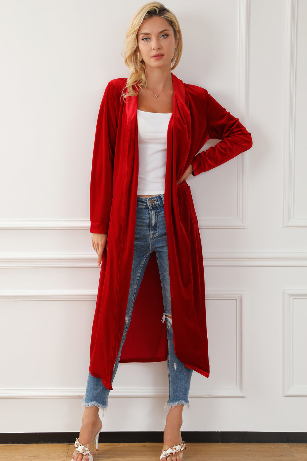 Velvet Open-Front Pocketed Cardigan