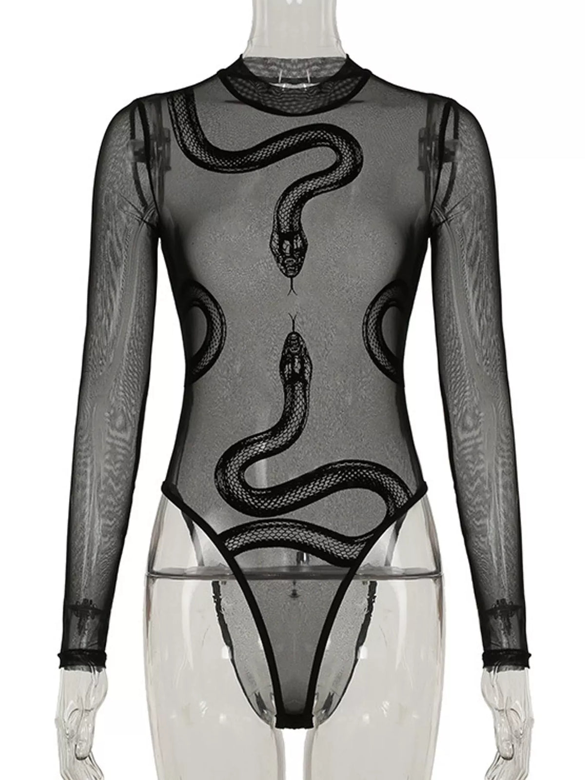 Sheer Mesh Snake Print Long Sleeve Bodysuit