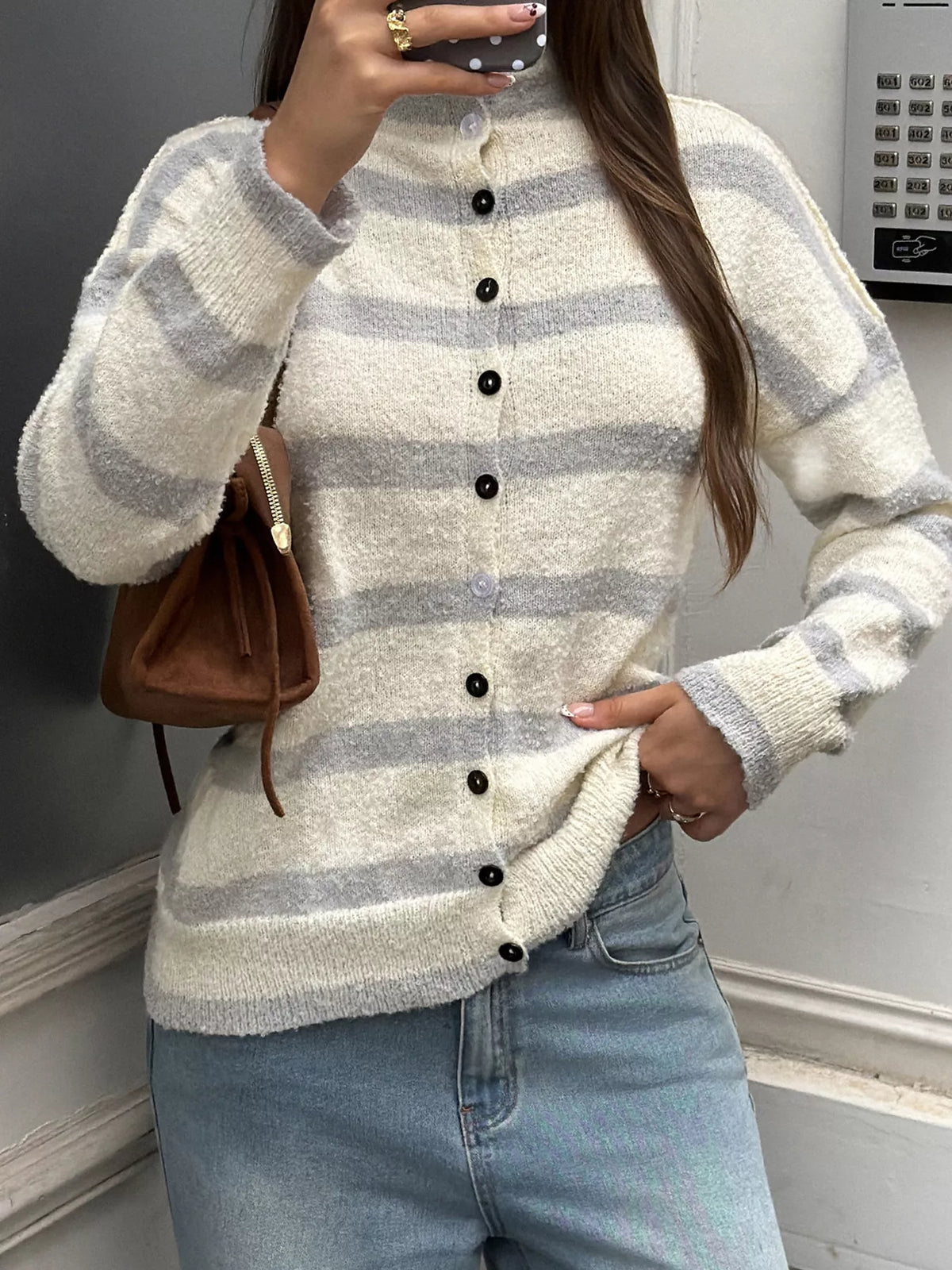 Striped Mock Neck Button-Down Textured Cardigan