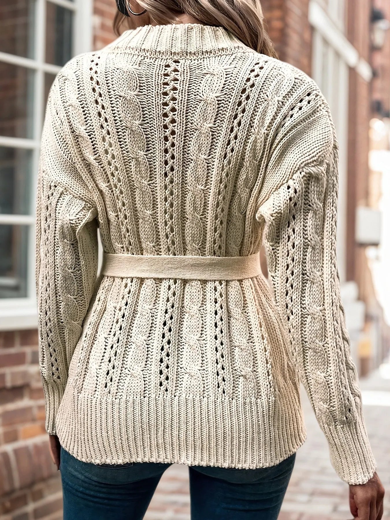 Cable Knit Belted Cardigan with Button Front