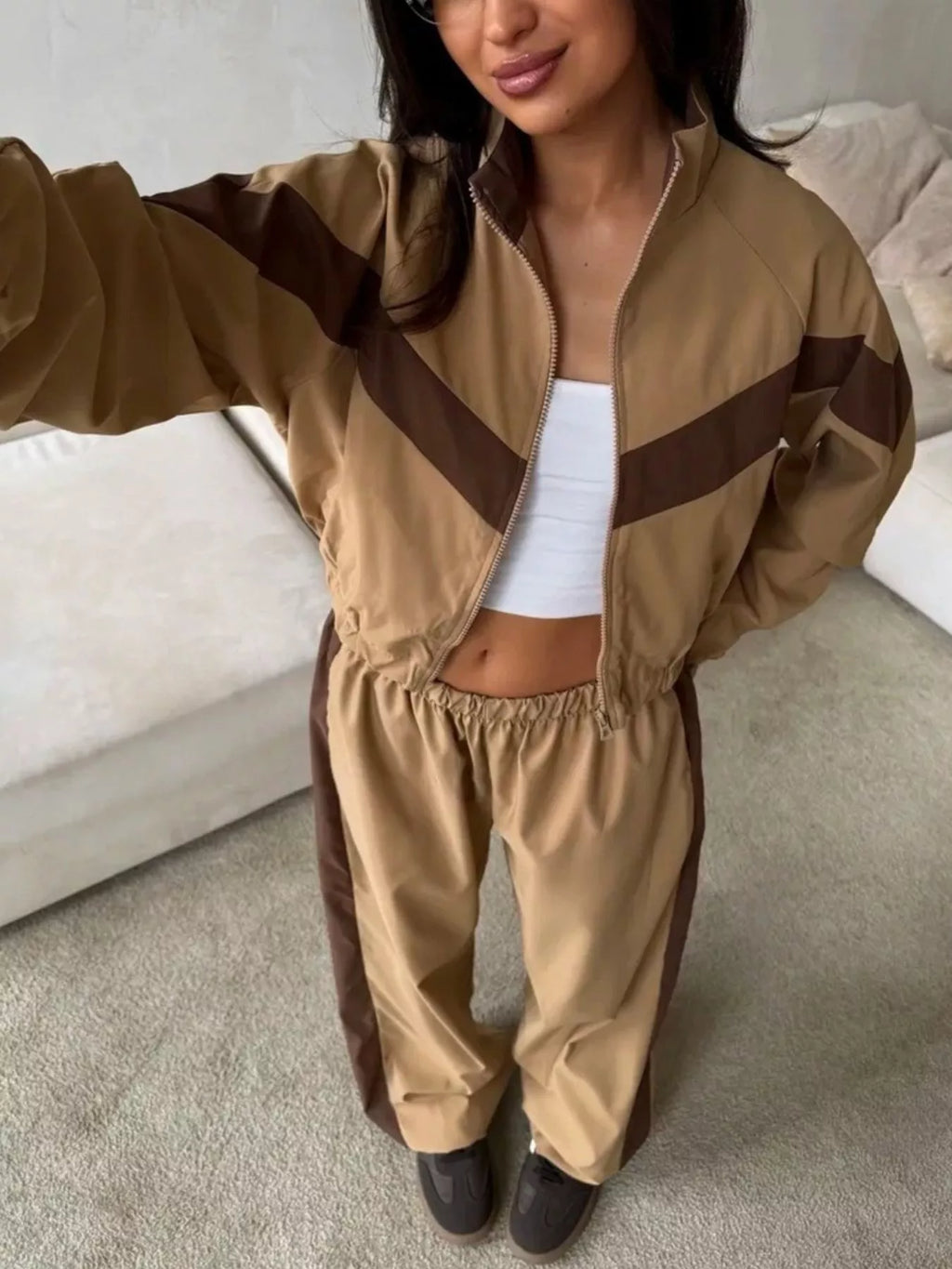 Color Block Zip Up Outerwear and Pants Set