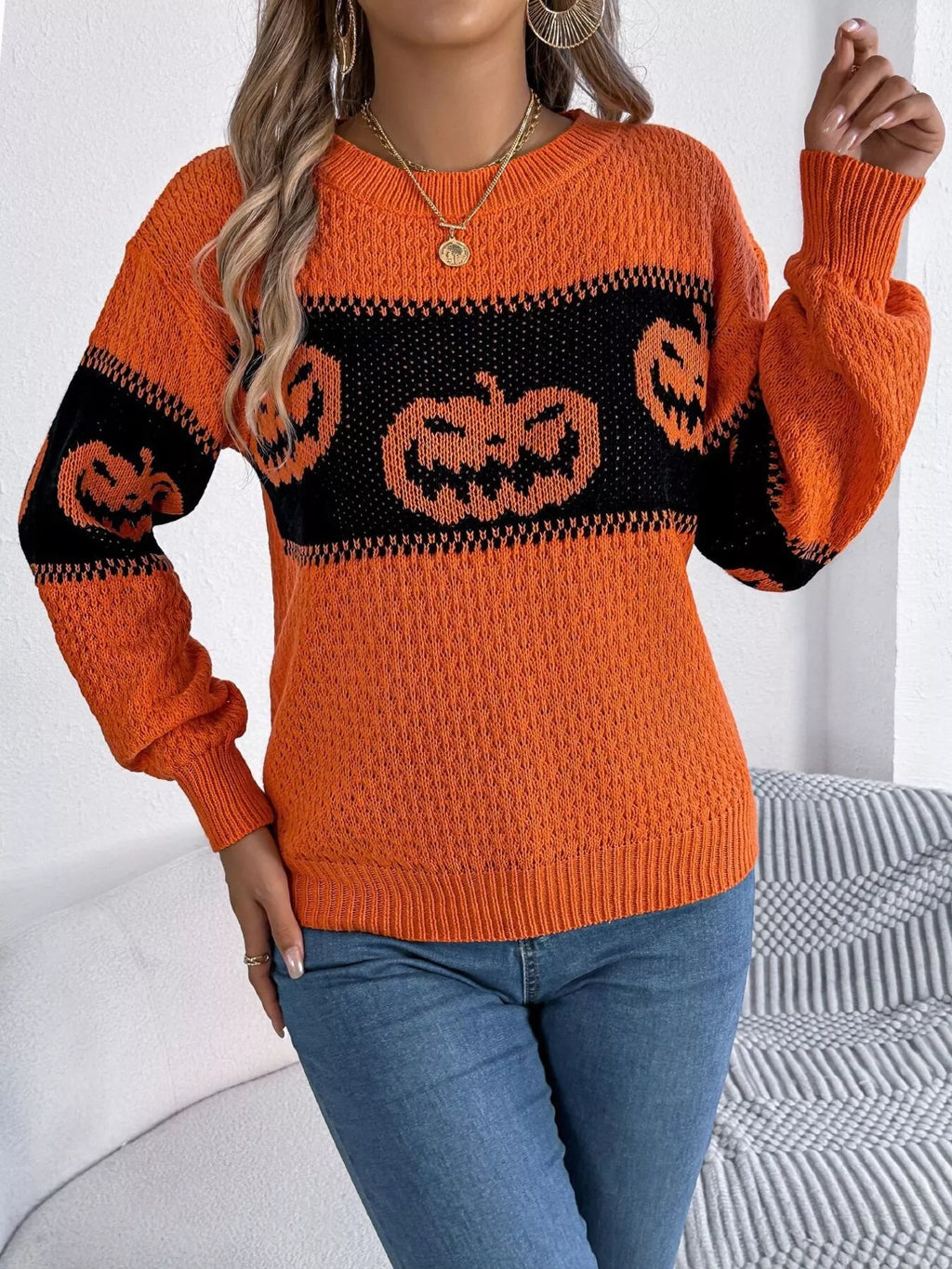 Halloween Pumpkin Pattern Round Neck Sweater