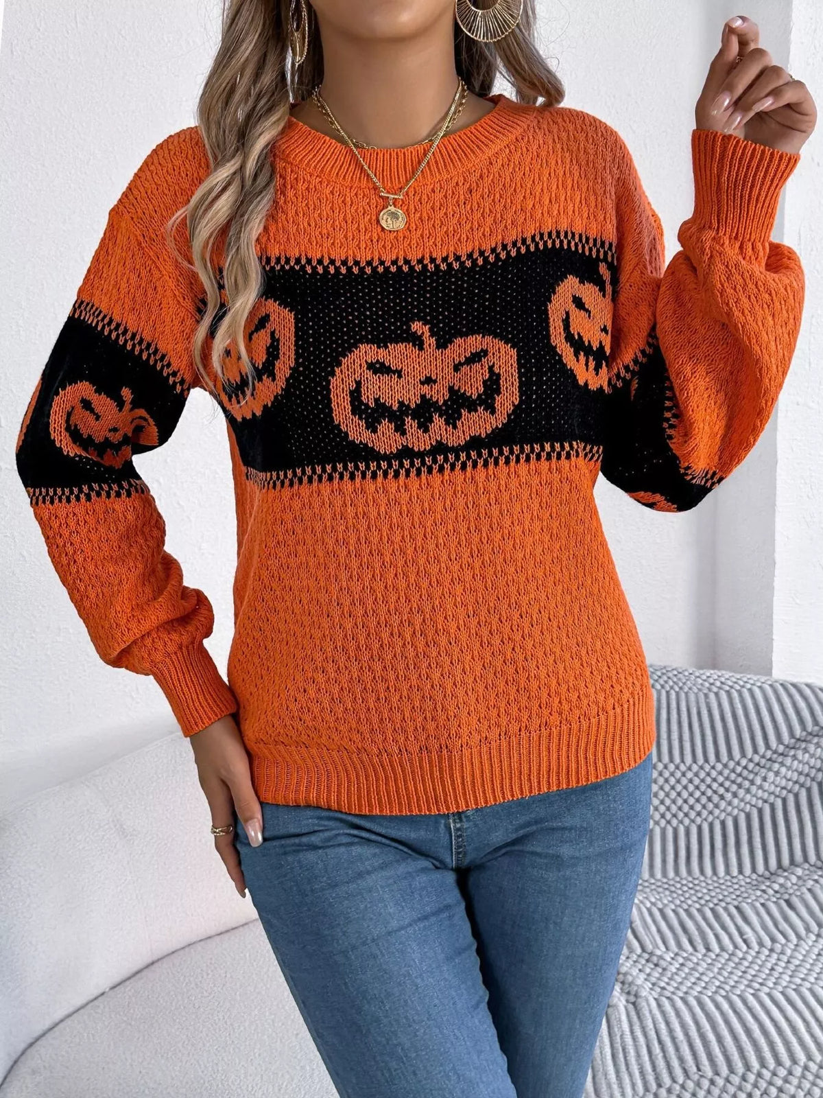 Halloween Pumpkin Pattern Round Neck Sweater