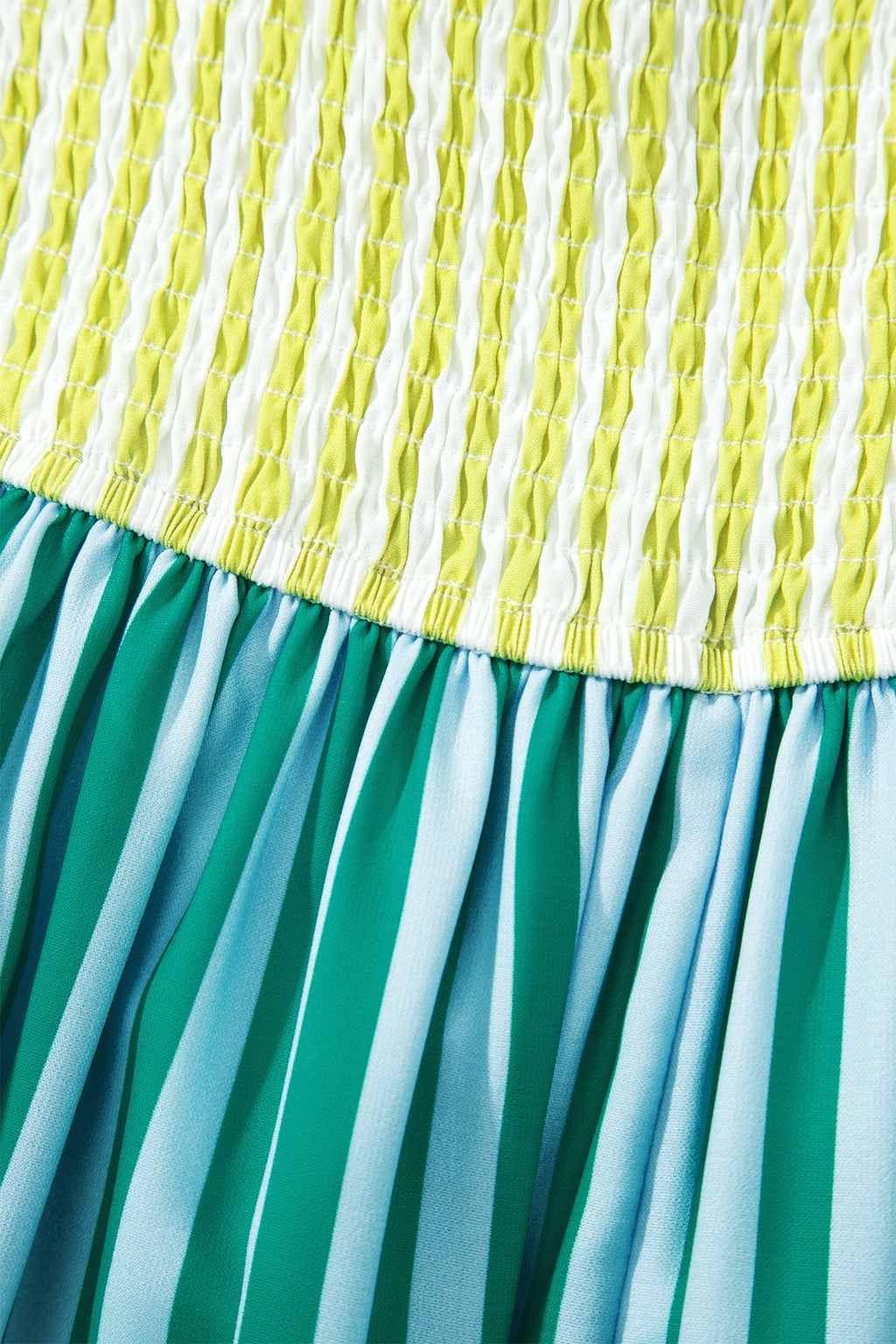 Green Stripe Scalloped Contrast Patchwork Knot Strap Midi Dress