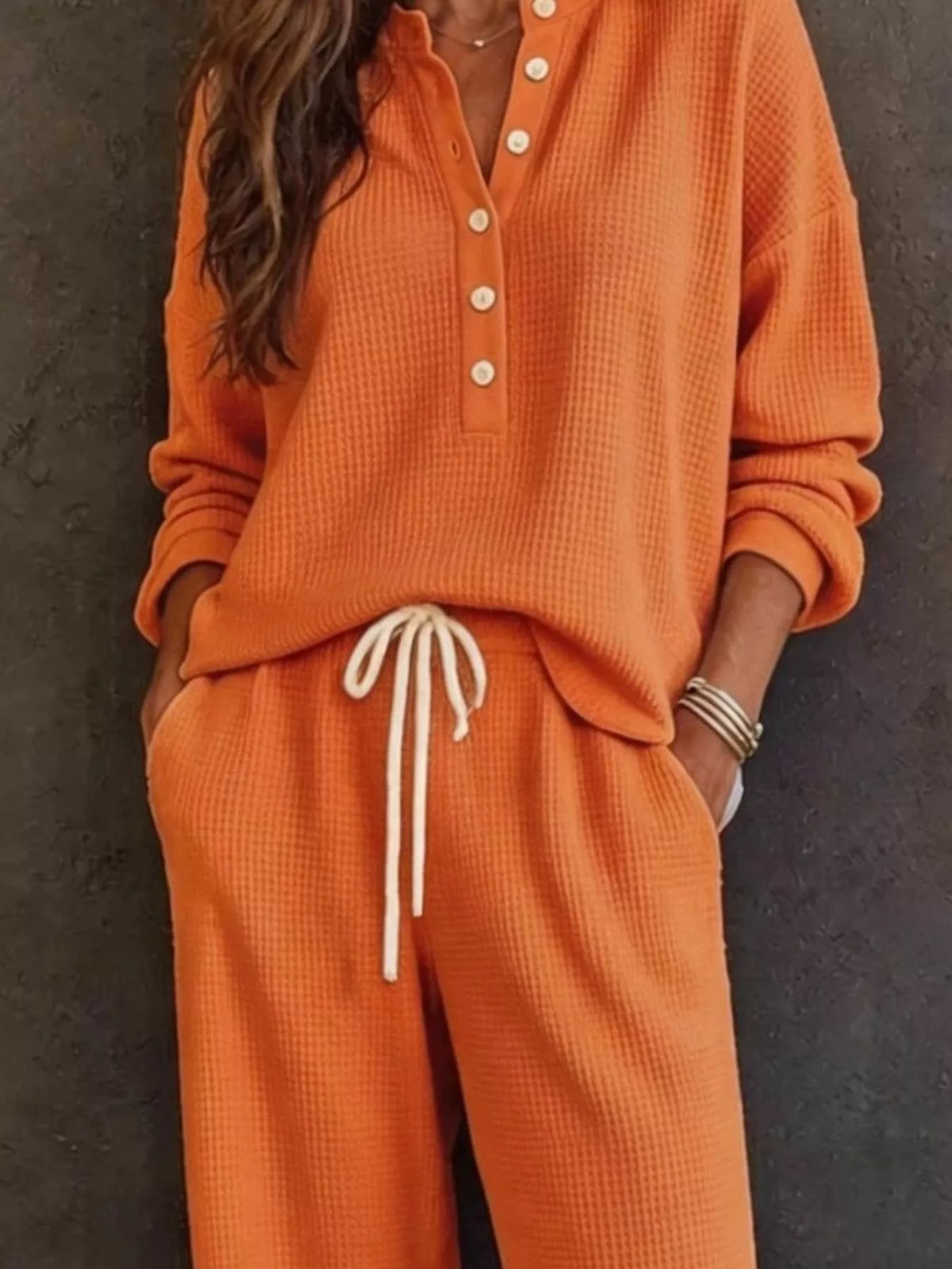 Waffle Knit Button Detail Top and Pants Set