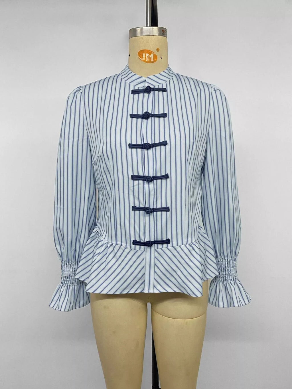 Striped Mandarin Knot Buttons Peplum Hem Shirt