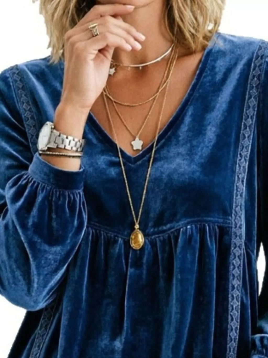 Full Size V-Neck Long Sleeve Velvet Blouse with Lace Trim Plus Size