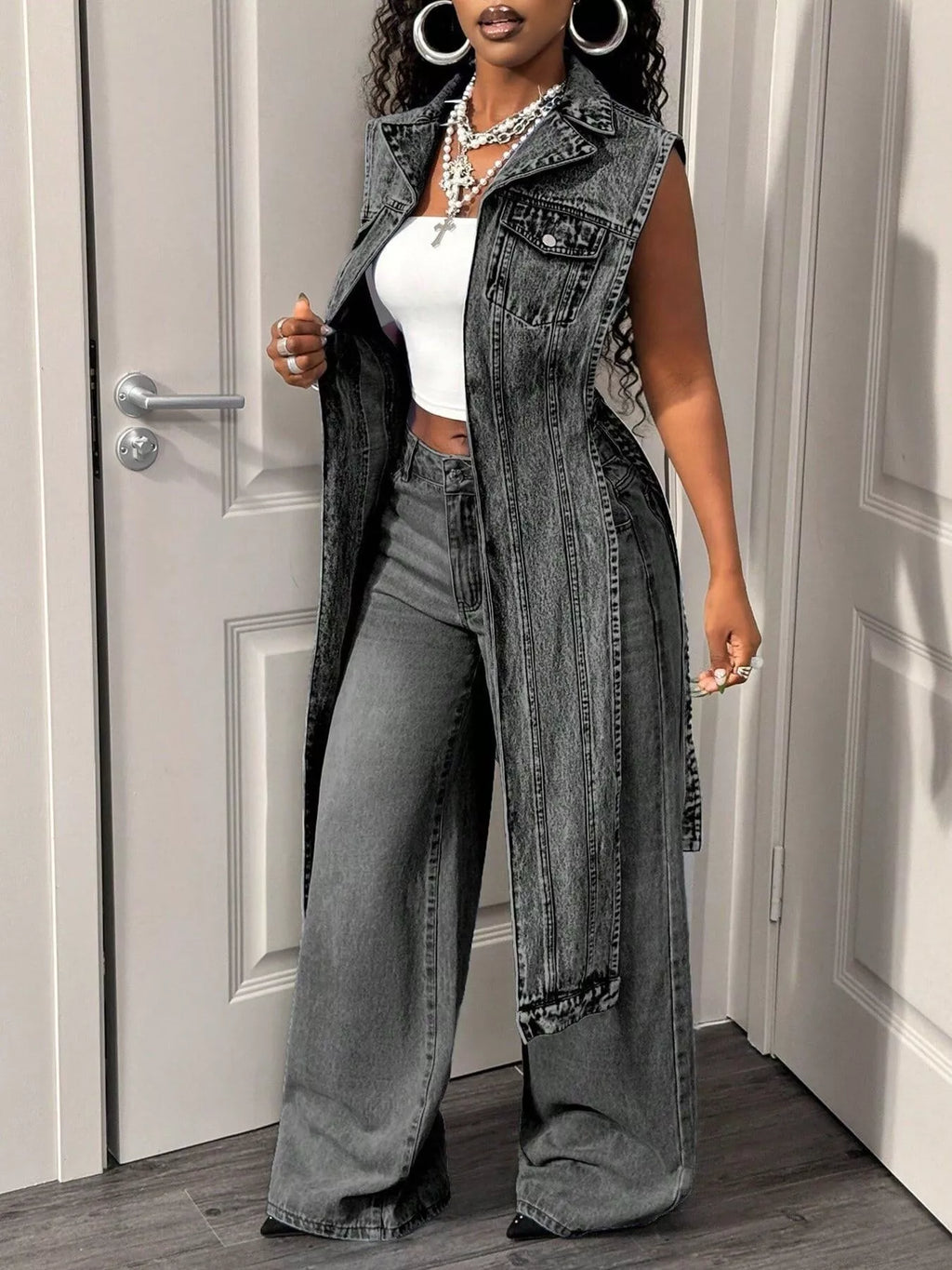 High-Low Open Front Denim Vest