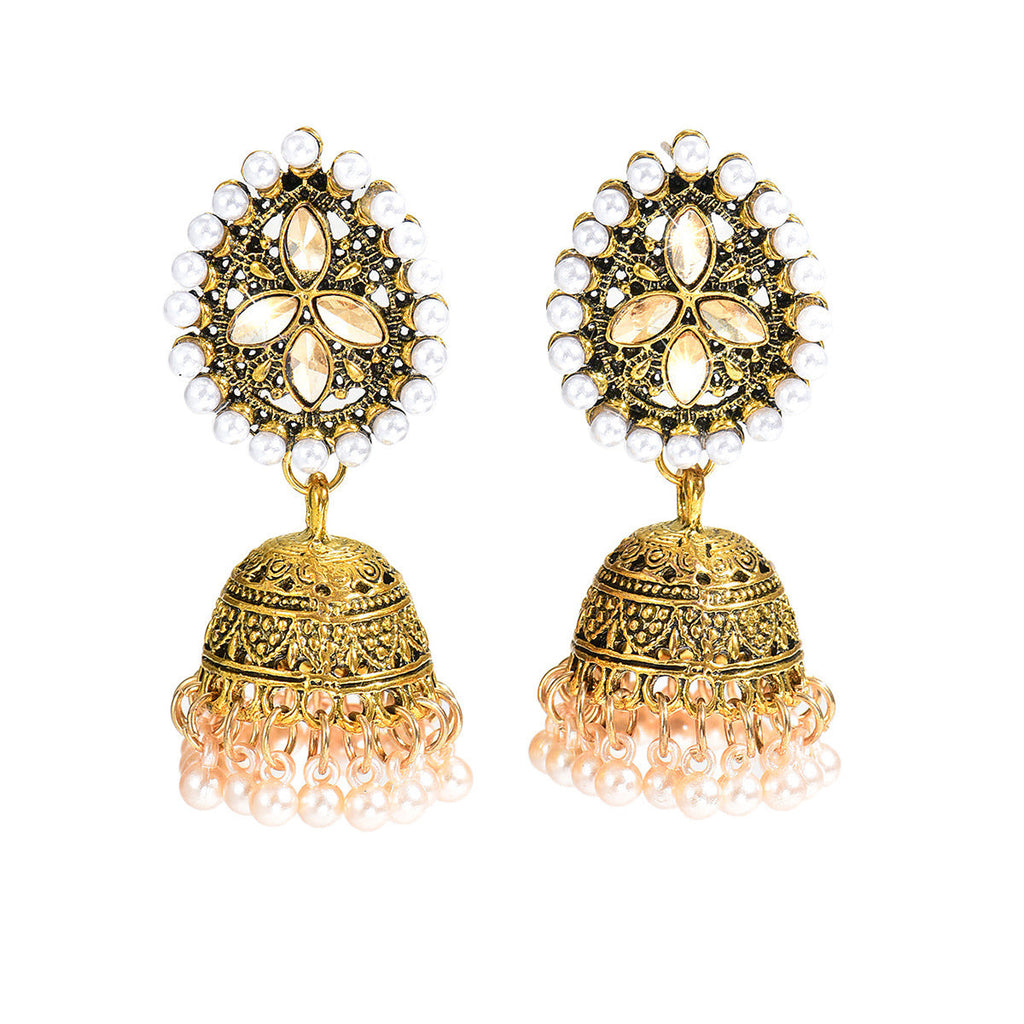Womens Bohemian Retro Teardrop Rhinestone Pearl Inlaid Tassel Bell Earrings,Costume Earrings For Daily Vacation Party Wear