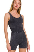 Acid Wash Ribbed Sports Romper with Removable Bra Pads