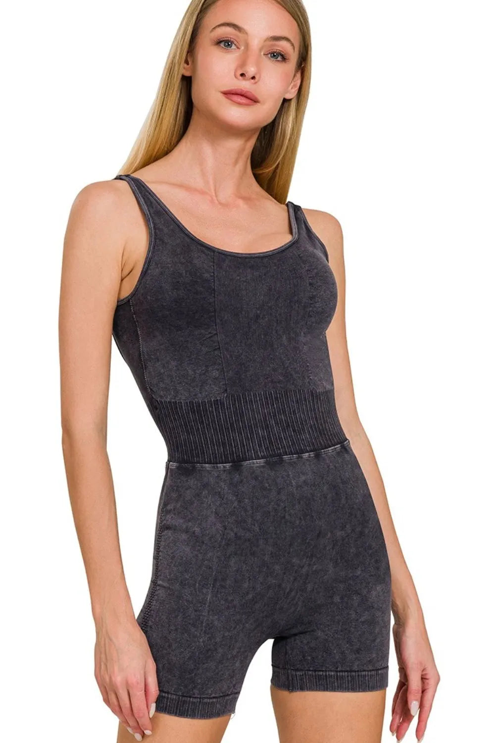 Acid Wash Ribbed Sports Romper with Removable Bra Pads