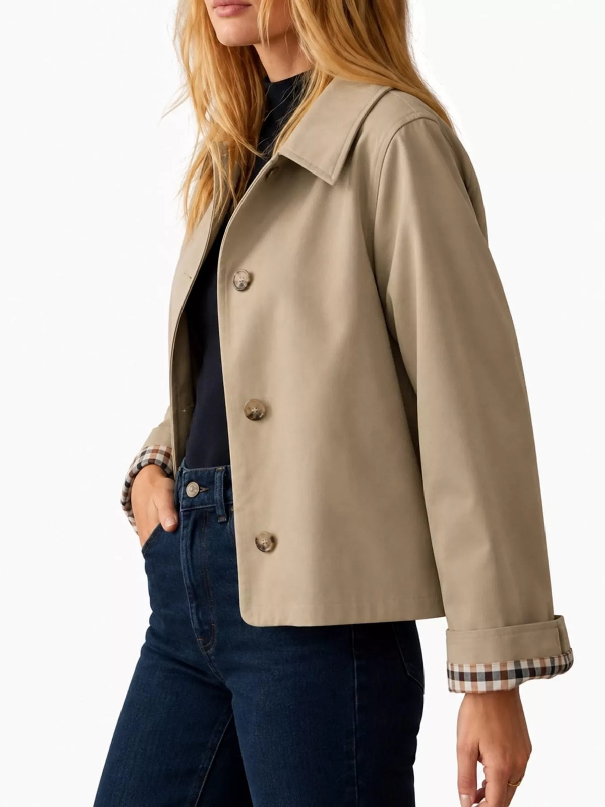 Plaid Cuffs Cropped Trench Outerwear