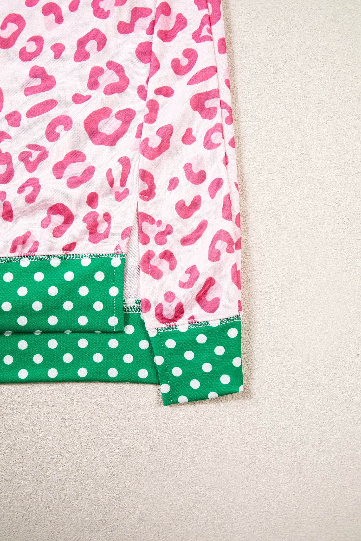 Pink Leopard Polka Dot Colorblock Trim Long Sleeve Top