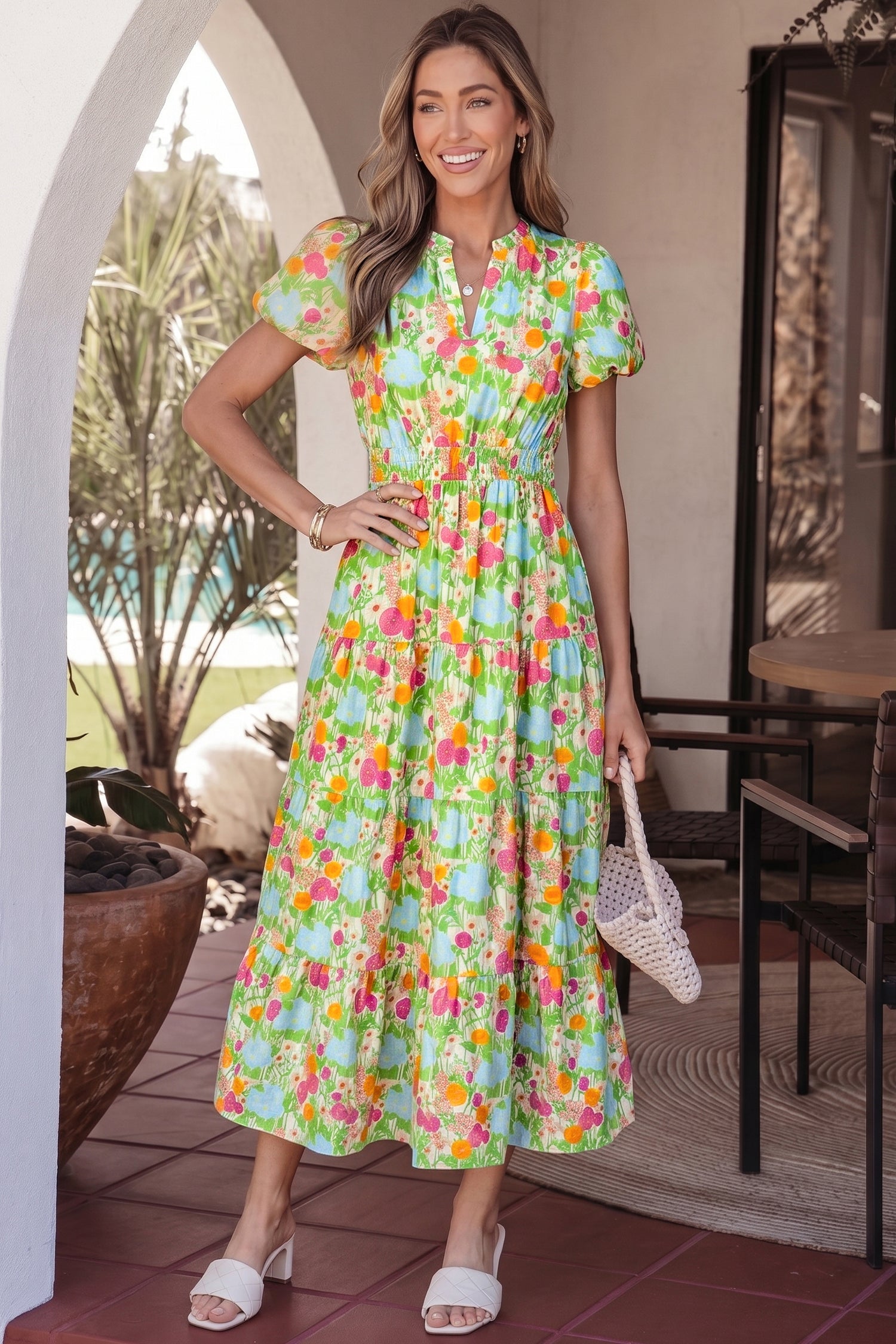 Green Floral Print V Neck Short Puff Sleeve Cotton Maxi Dress