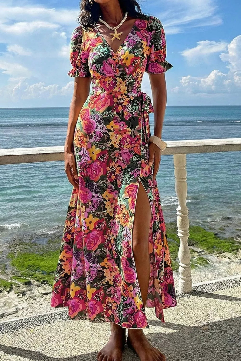Slit Floral Short Sleeve Maxi Dress