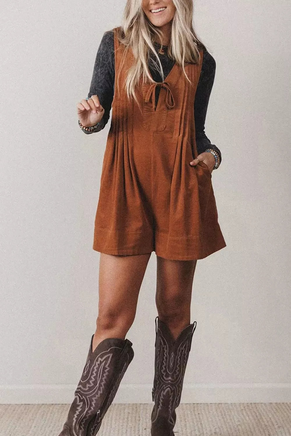 Solid Color Tie V Neck Sleeveless Corduroy Romper