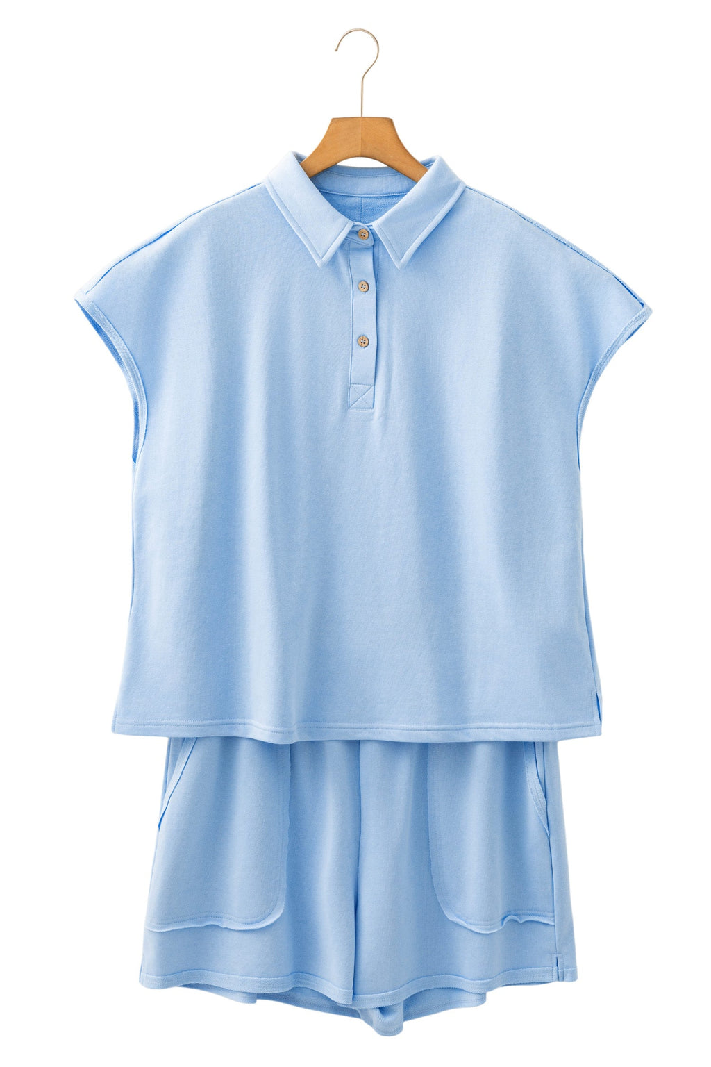 Mist Blue Solid Color Polo Tee Elastic Waist Shorts Plus Size Outfit