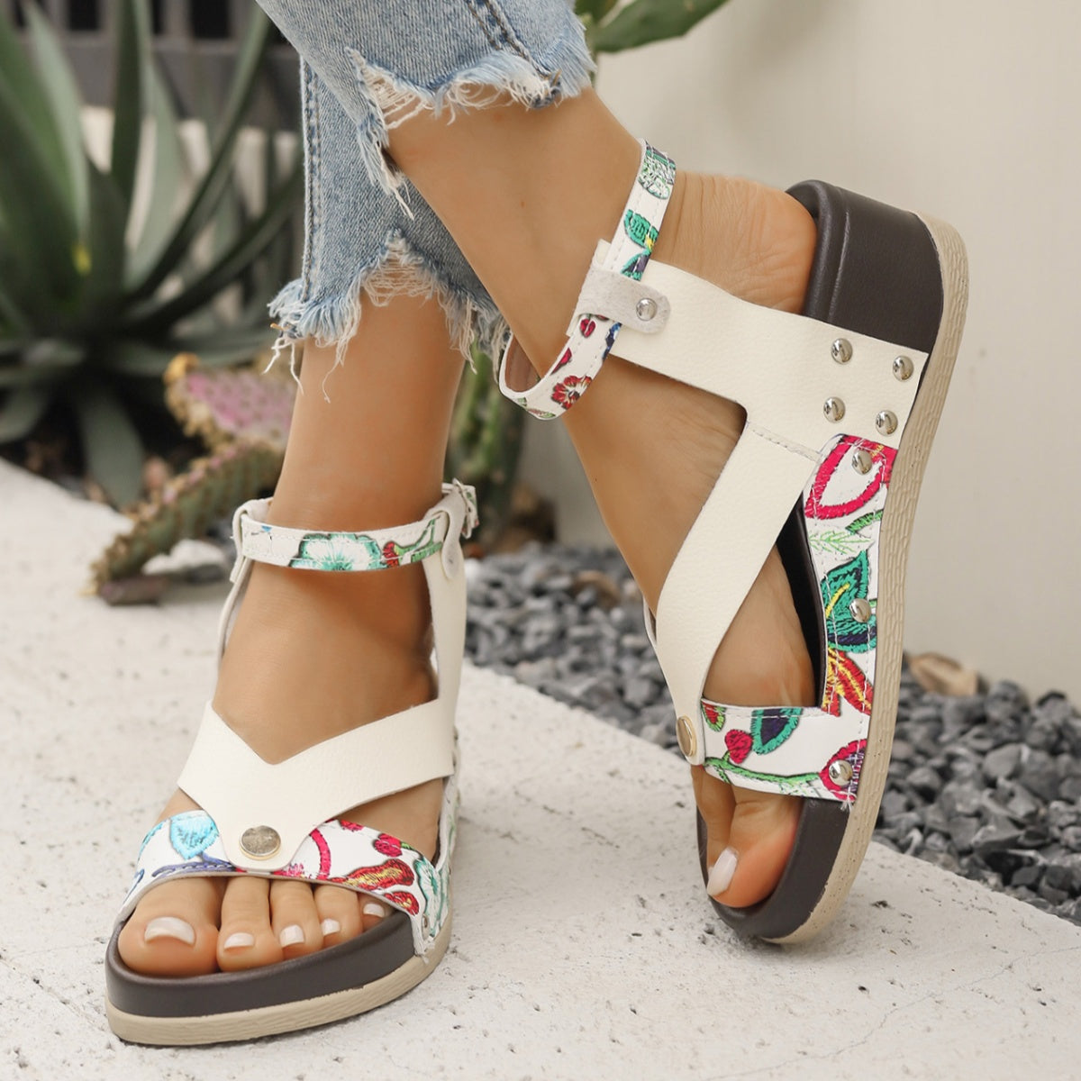 Leopard Ankle Strap Wedge Sandals