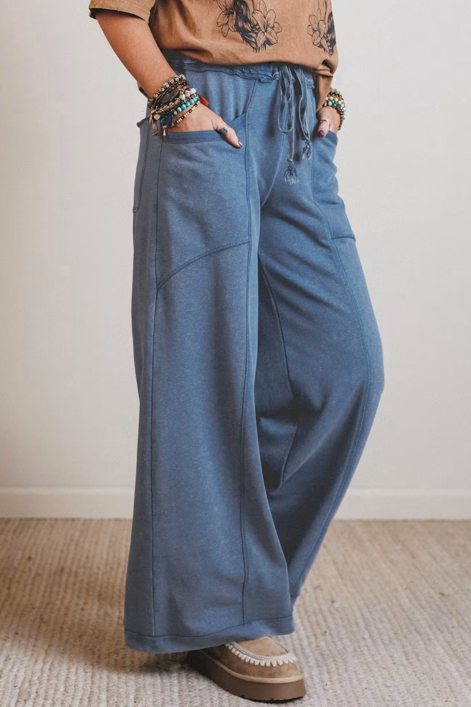 Ashleigh Blue Mineral Wash Drawstring Retro High Waist Wide Leg Western Pants