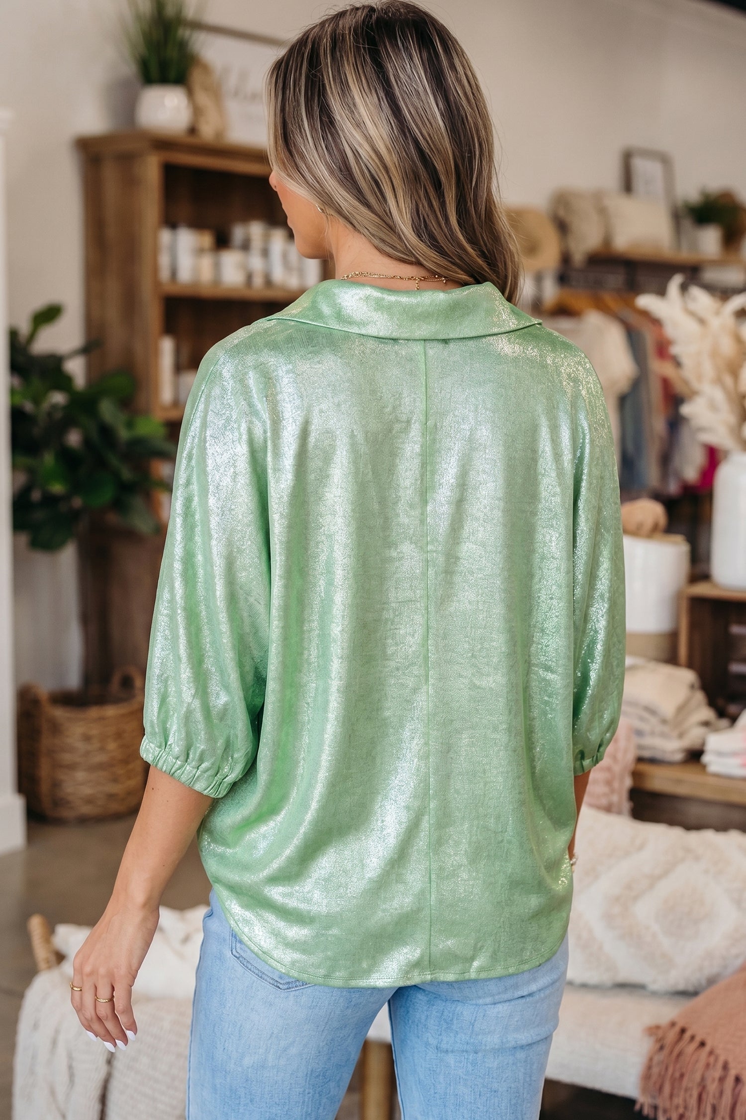 Clearly Aqua Collared V Neck Half Sleeve Metallic Top