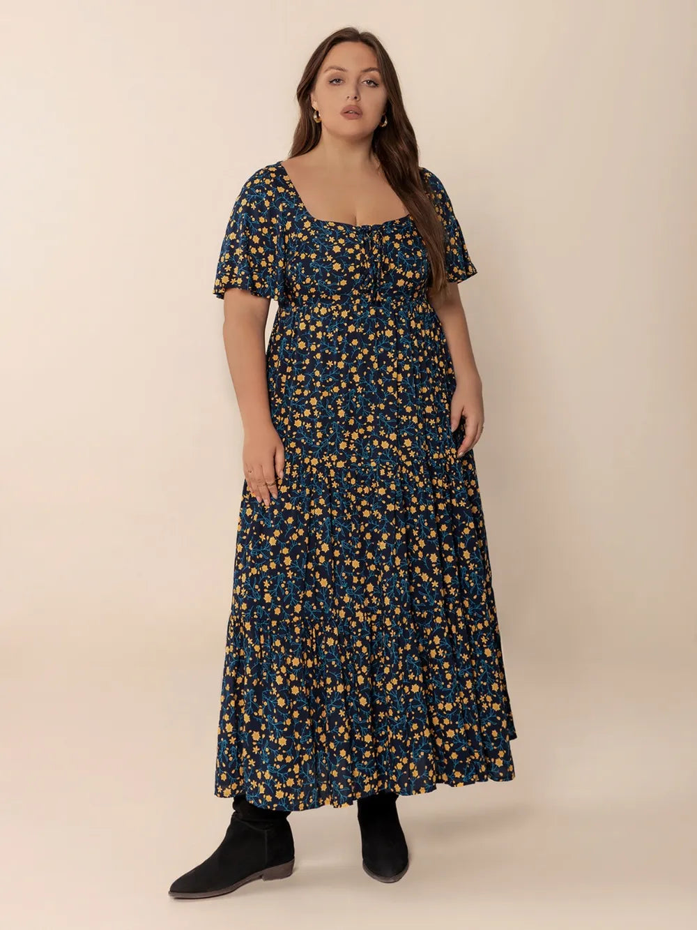 Printed Short Sleeve Slit Tiered Maxi Dress