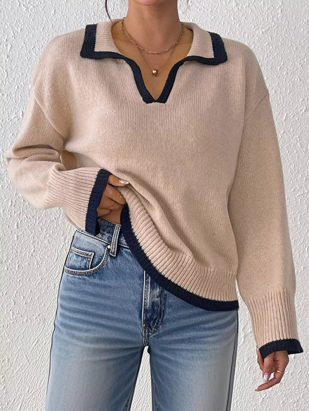 Contrast Trim Polo Collar Sweater