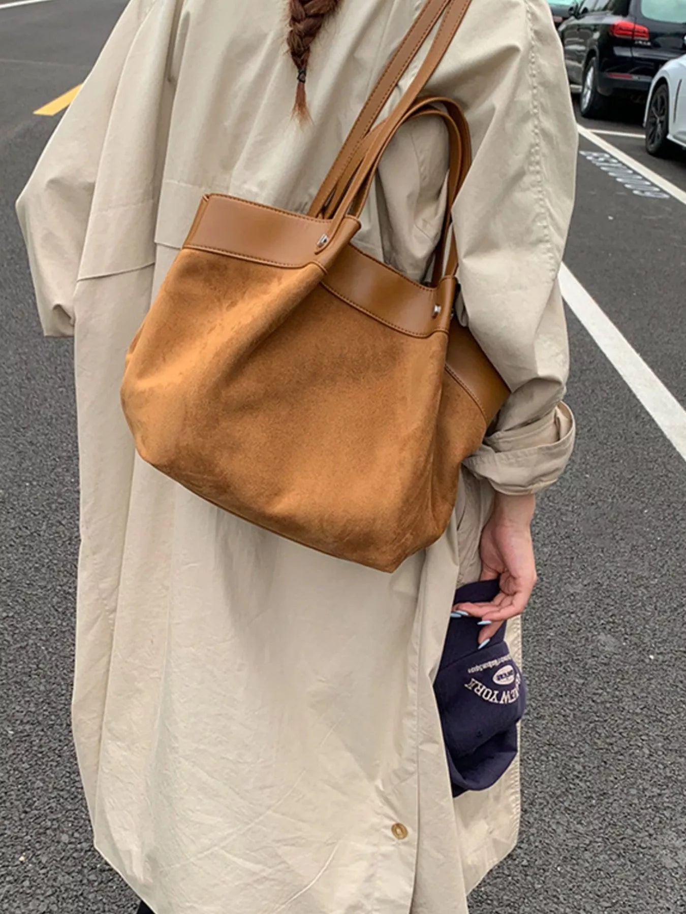 Suede and Leather Trim Shoulder Bag