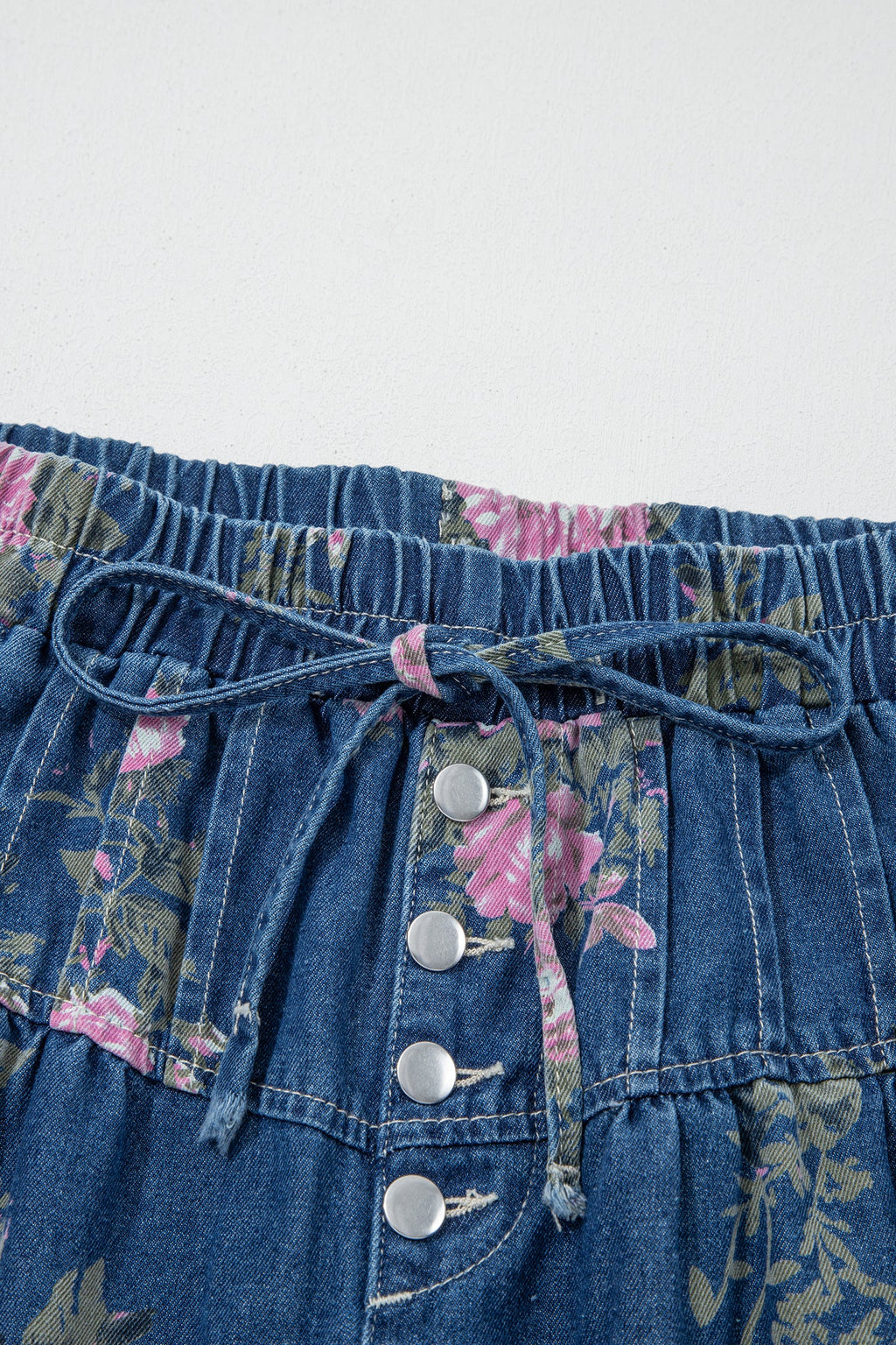 Blue Retro Floral Print Tie Elastic Waist Button Pintuck Wide Leg Jeans