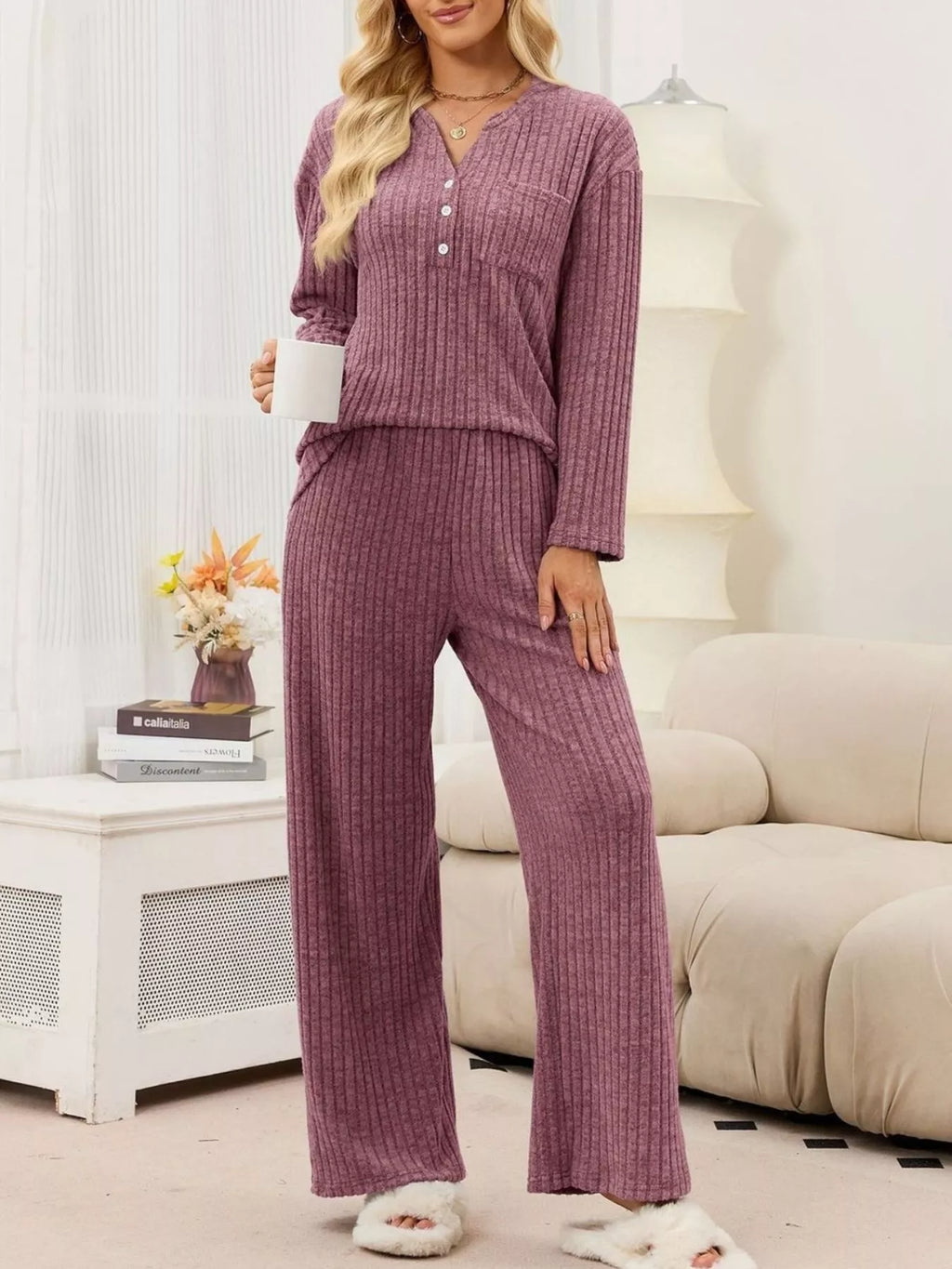 Ribbed Knit Top and Wide-Leg Pants Set