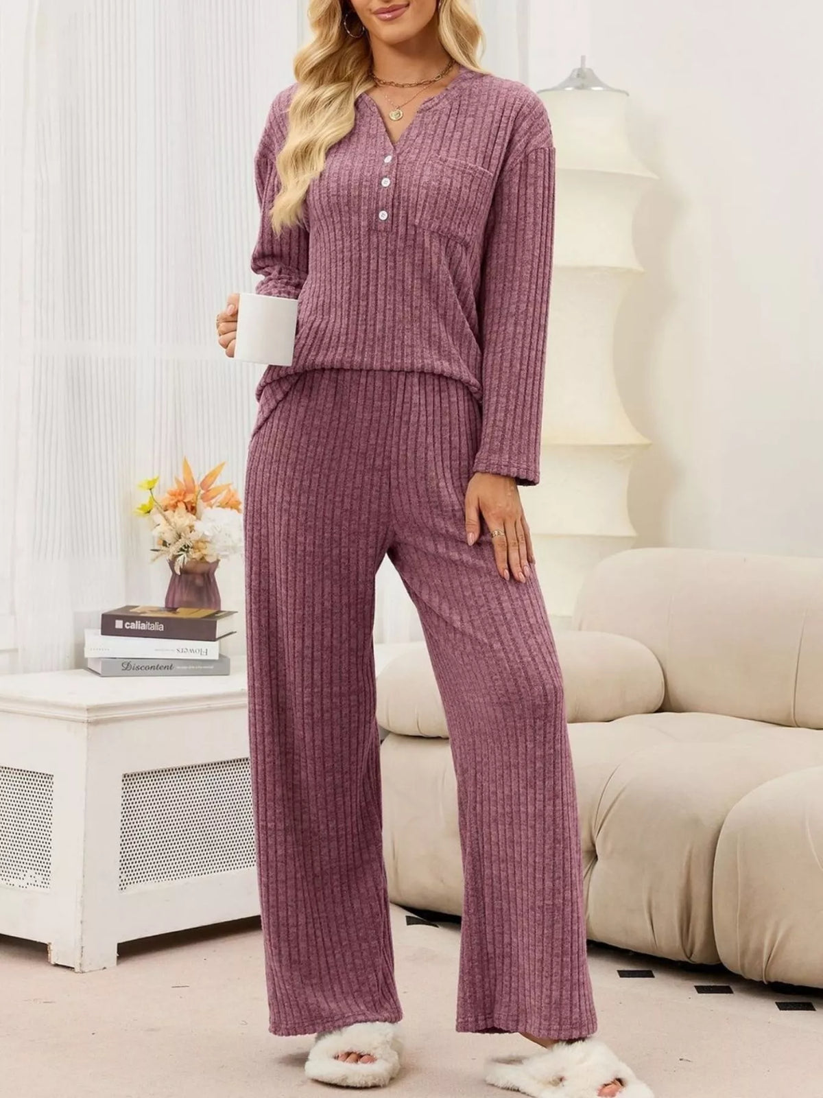 Ribbed Knit Top and Wide-Leg Pants Set