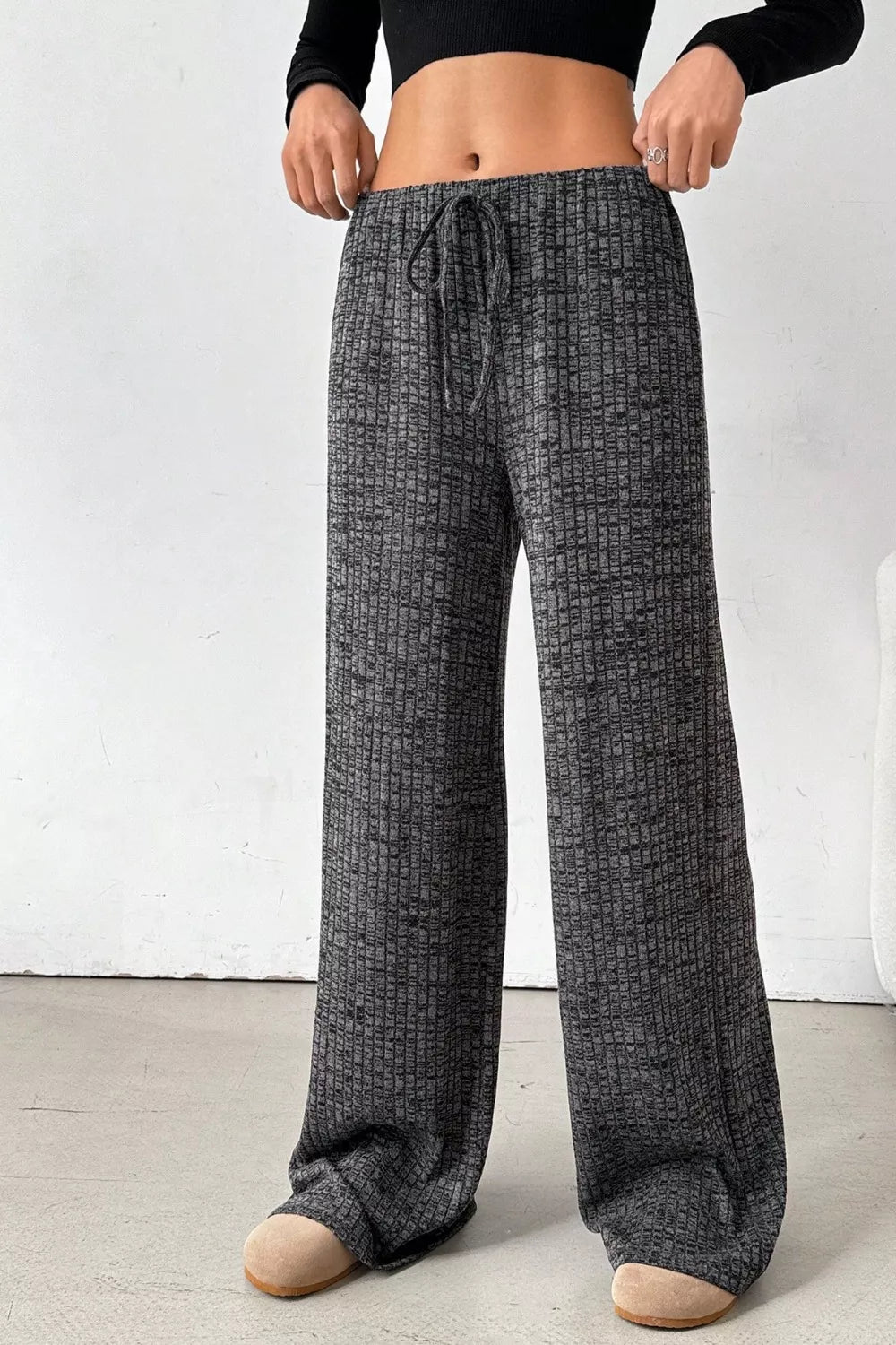 Ribbed Knit Drawstring Wide Leg Pants