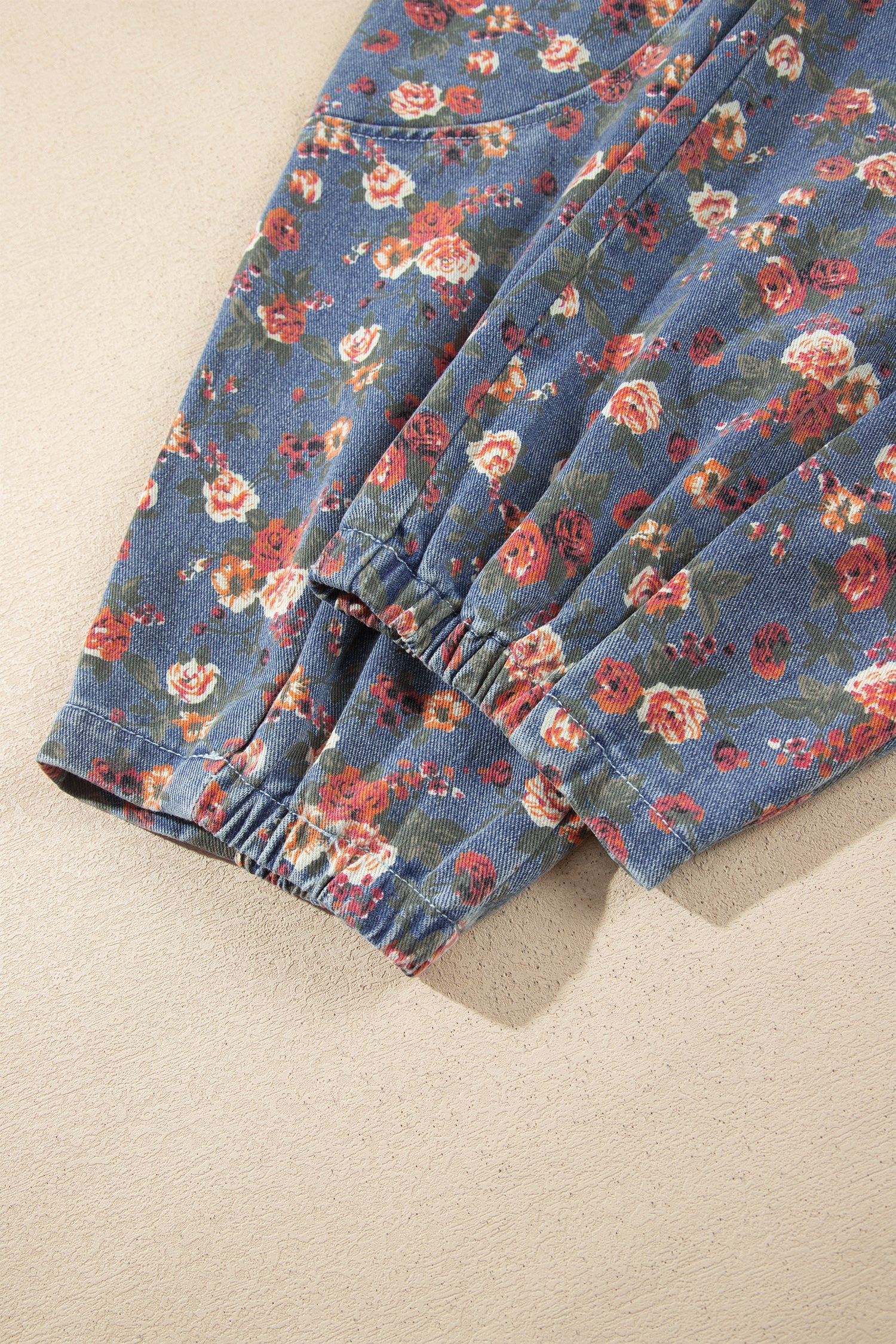 Beau Blue Retro Floral Print Elastic Waist Pocketed Barrel Jeans