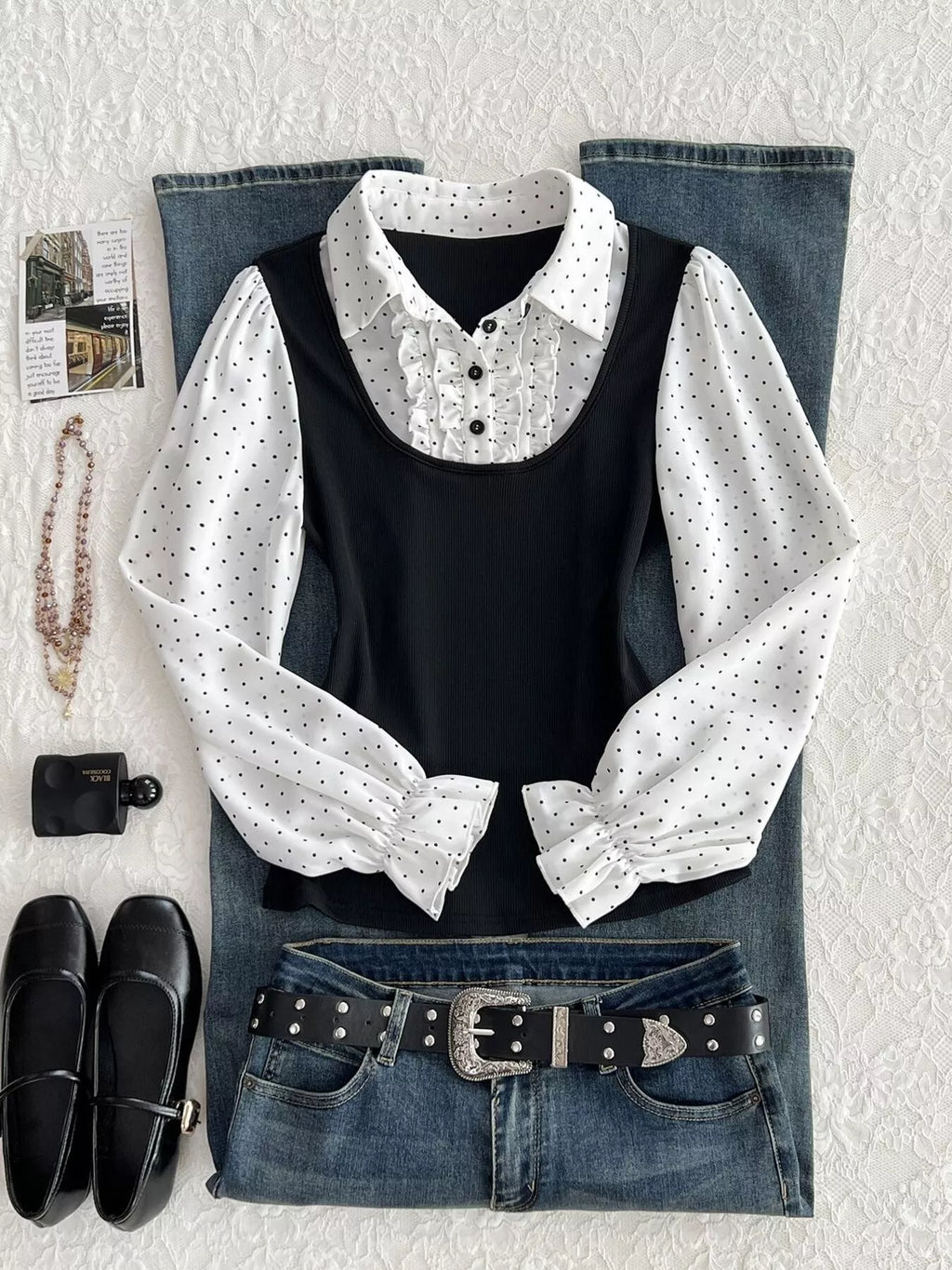 Polka Dot Flounce Sleeve Layered Look Blouse