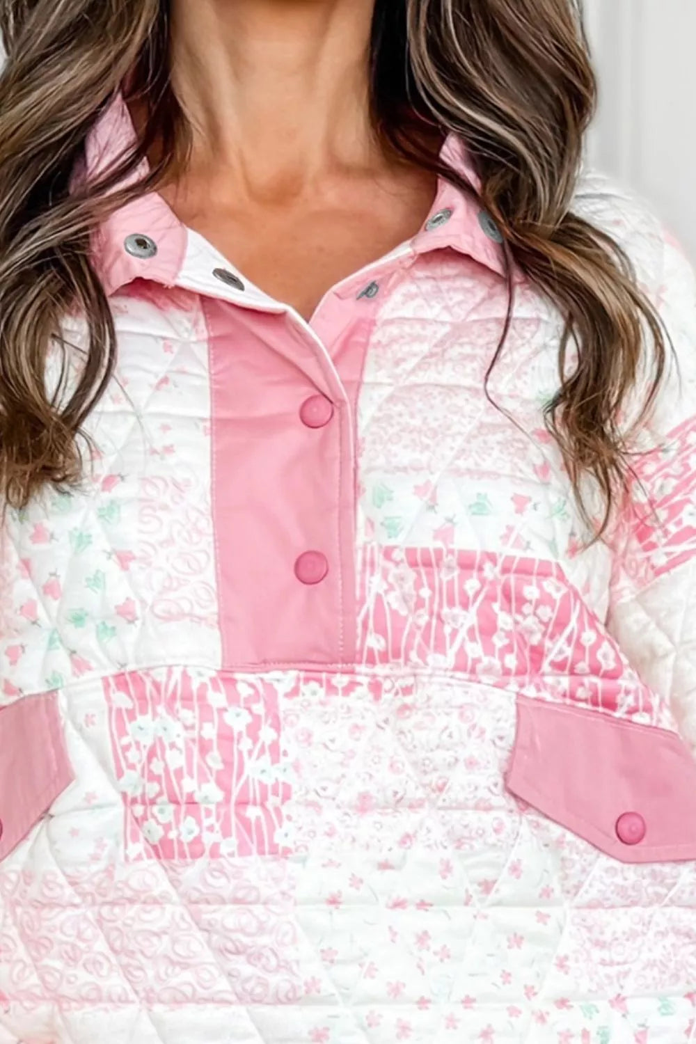 Patchwork Quilted Snap-Neck Sweatshirt