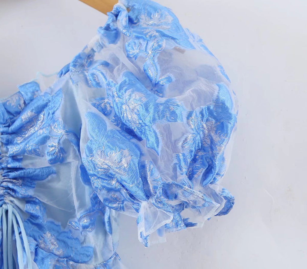 Gilded Embroidery Blue Flower Bubble Sleeve Chest Drawstring Princess Dress Sheer