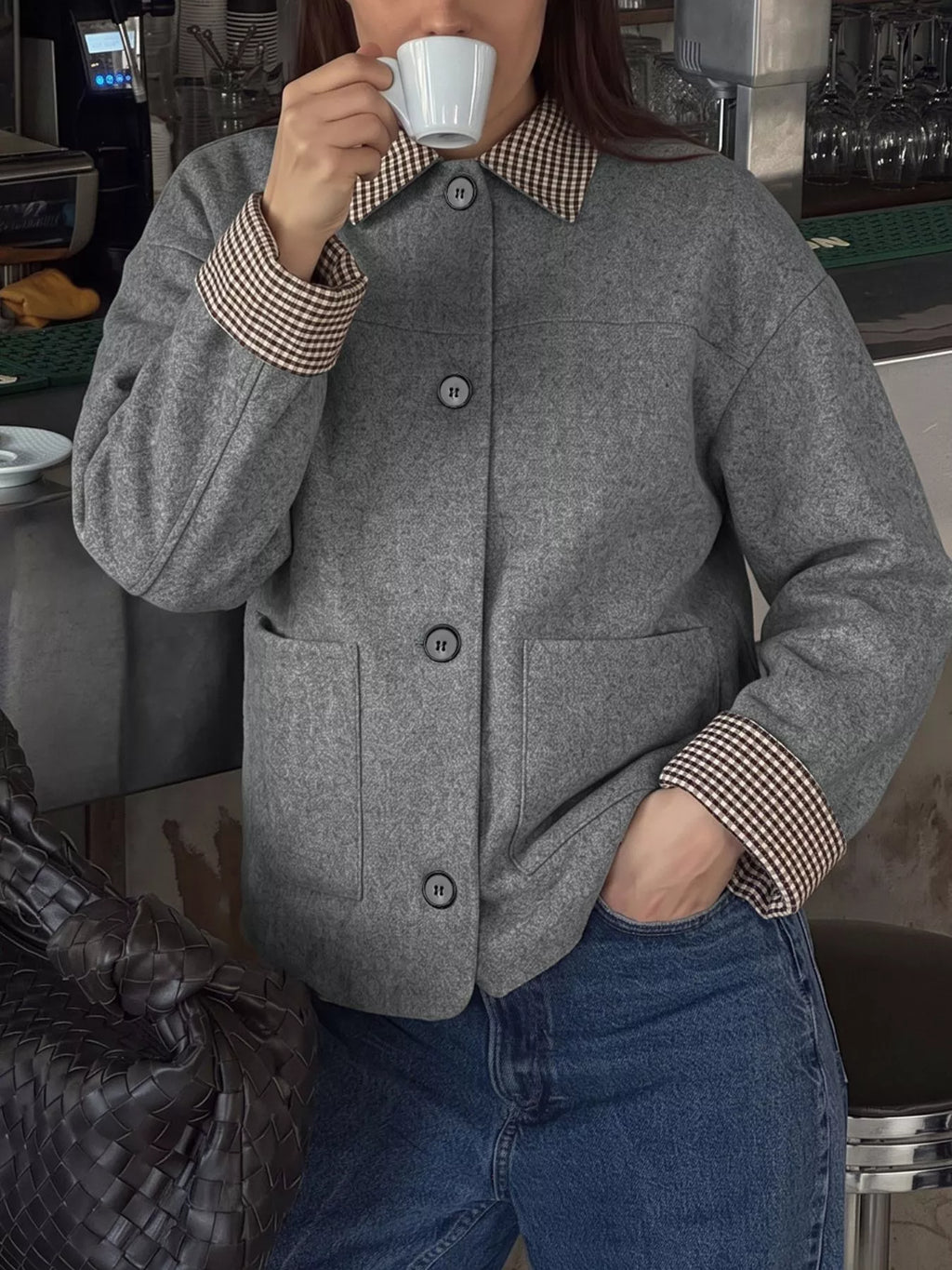 Button-Down Outerwear with Gingham Contrast Details