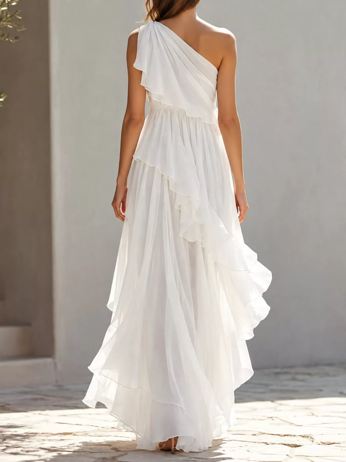 One-Shoulder Ruffled Chiffon Maxi Dress