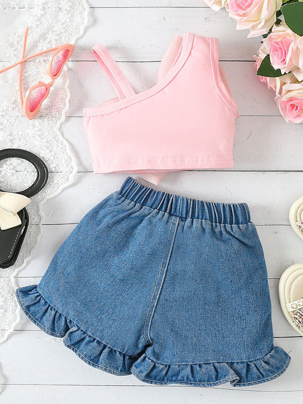 Children's Bowknot Decor Top & Ruffle Hem Denim Shorts Set