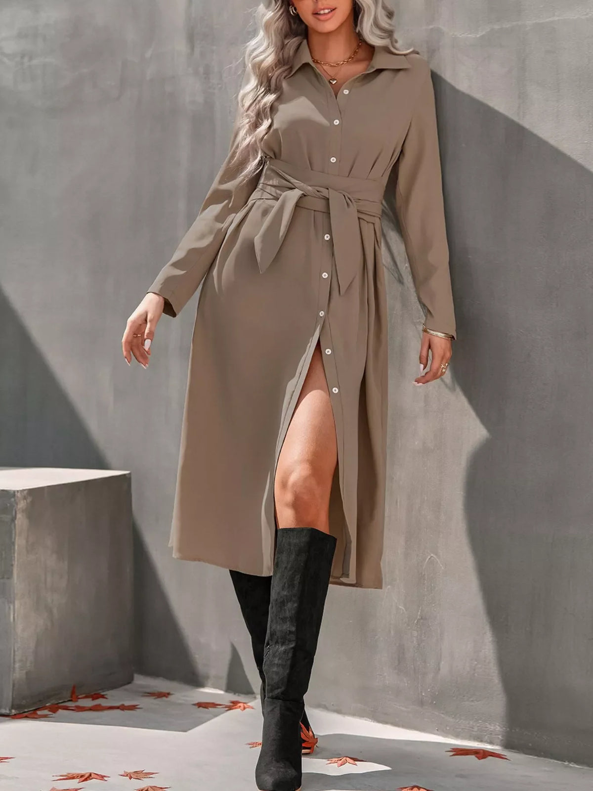 Full Size Tie Waist Long Sleeve Shirt Dress Plus Size