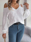 Cable-Knit Cold Shoulder V-Neck Long Sleeve Sweater