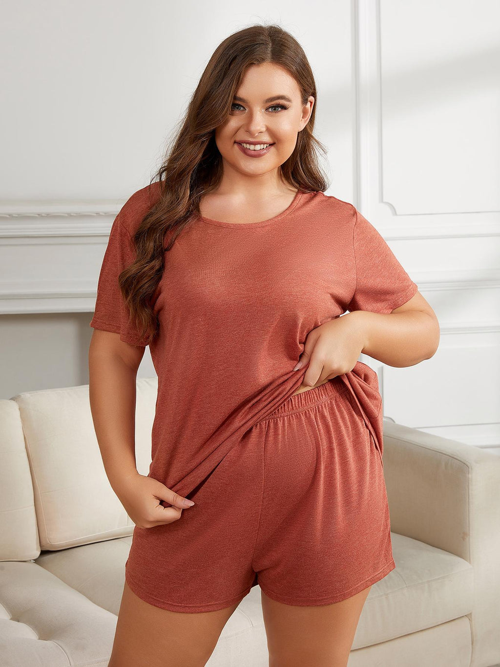 Round Neck Short Sleeve Two-Piece Loungewear Set with Shorts